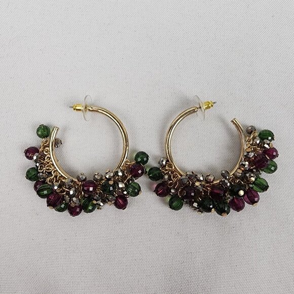 Gold Tone Green & Brown Beaded Drop Hoop Earrings - Picture 1 of 3